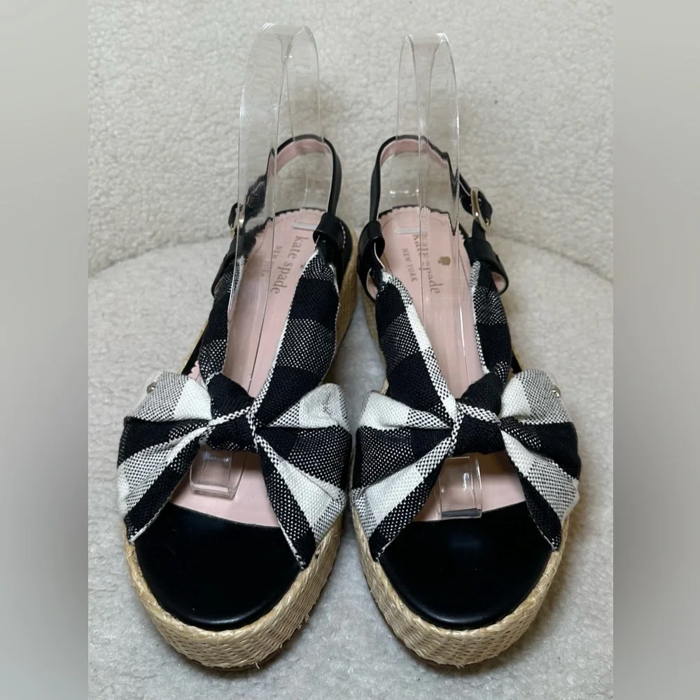 Kate Spade Betsy platform flat sandal black white gingham preppy espadrille cute